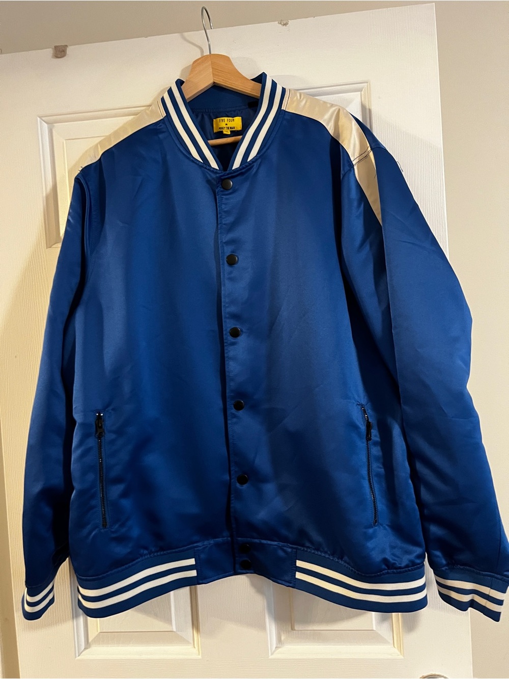 Five Four Royal Blue Satin Bomber Jacket with Cream Shoulder Panels